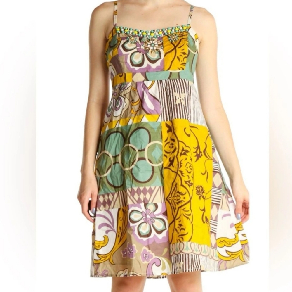 CAbi Yellow and Purple Sundress Sleeveless Spaghetti Strap Mini